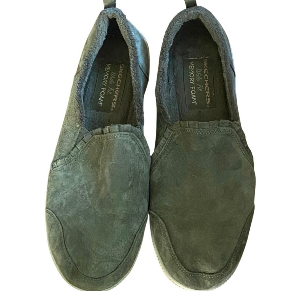 Skechers Women’s Green, Suede, Slip-On Sneakers, Wide Fit w/Memory Foam, 9.5